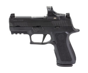 Black semi-automatic pistol with textured grip and red-dot sight mounted on top, shown in profile.