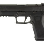 Left-side profile of a black semi-automatic pistol with a textured grip and accessory rail.