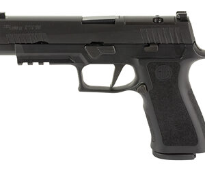 Left-side profile of a black semi-automatic pistol with a textured grip and accessory rail.