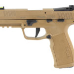 Tan semi-automatic pistol shown in profile with black sights and textured grip.