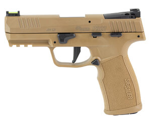 Tan semi-automatic pistol shown in profile with black sights and textured grip.