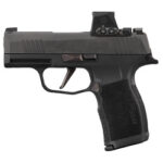 Black semi-automatic pistol with a red-dot sight mounted on top.