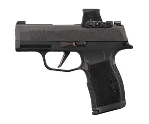 Black semi-automatic pistol with a red-dot sight mounted on top.