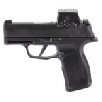 Black semi-automatic handgun shown in profile with a top-mounted red dot sight on the slide.
