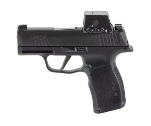 Black semi-automatic handgun shown in profile with a top-mounted red dot sight on the slide.