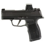 Black semi-automatic handgun with a mounted red-dot/optical sight on top, shown in profile.