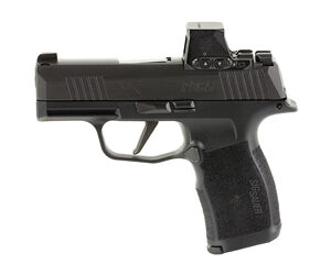 Black semi-automatic handgun with a mounted red-dot/optical sight on top, shown in profile.