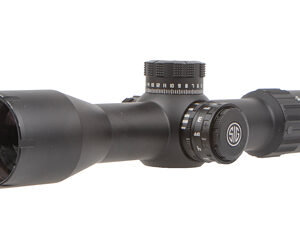 Black riflescope with adjustable turrets and long tube, used for precision aiming on a rifle.