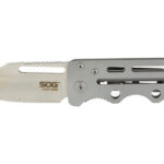 SOG folding knife with a partially serrated blade extended from a gray metal handle.
