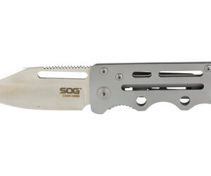 SOG folding knife with a partially serrated blade extended from a gray metal handle.