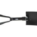 Foldable camping shovel with a D-shaped handle and black blade, shown laid out in full extension.