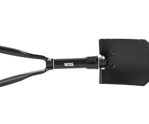 Foldable camping shovel with a D-shaped handle and black blade, shown laid out in full extension.