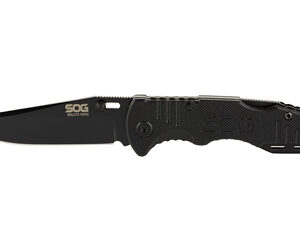 Black tactical knife with a drop-point blade and textured handle; SOG logo on the blade.