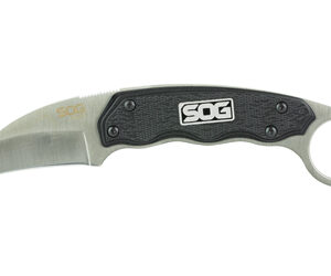 SOG karambit-style fixed blade knife with a curved blade and a circular finger ring.