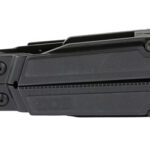 Closed black multitool with folding blades and plier jaws tucked inside, in a compact position and visible hinge details.