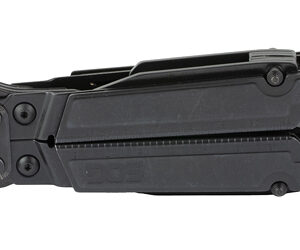 Closed black multitool with folding blades and plier jaws tucked inside, in a compact position and visible hinge details.