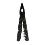 Black multi-tool with folding pliers and corkscrew in closed position.