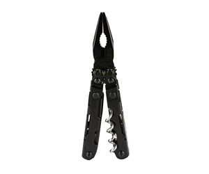 Black multi-tool with folding pliers and corkscrew in closed position.