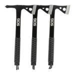 Three SOG ice axes with black handles and curved picks, arranged in a row.