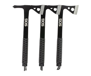 Three SOG ice axes with black handles and curved picks, arranged in a row.