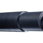 Cylindrical firearm suppressor with knurled exterior and threaded muzzle end.