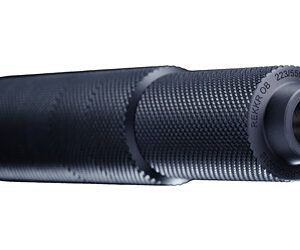 Cylindrical firearm suppressor with knurled exterior and threaded muzzle end.