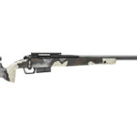 Bolt-action hunting rifle in a white camouflage pattern, shown in profile from the left side.