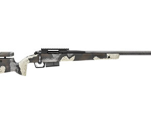 Bolt-action hunting rifle in a white camouflage pattern, shown in profile from the left side.