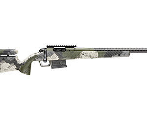 Camouflage-pattern bolt-action rifle shown in profile with a long barrel and attached magazine.