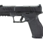 Profile view of a black semi-automatic pistol against a white background.