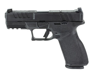 Profile view of a black semi-automatic pistol against a white background.