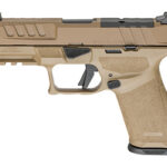 Tan-colored semi-automatic pistol shown in profile from the left side, highlighting its grip and rails.