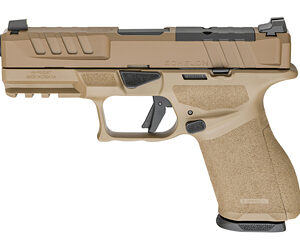 Tan-colored semi-automatic pistol shown in profile from the left side, highlighting its grip and rails.
