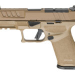 Tan semi-automatic pistol in side profile with textured grip and accessory rail on the frame's underside.