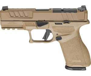 Tan semi-automatic pistol in side profile with textured grip and accessory rail on the frame's underside.