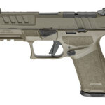 Tan-colored semi-automatic pistol with textured grip and accessory rails in a side view
