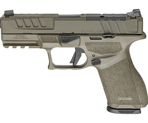 Tan-colored semi-automatic pistol with textured grip and accessory rails in a side view