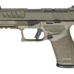 Tan tactical semi-automatic pistol in profile, featuring textured grip and accessory rail.