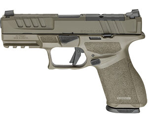 Tan tactical semi-automatic pistol in profile, featuring textured grip and accessory rail.