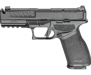 Gray semi-automatic handgun with a textured grip and accessory rail, shown in profile.