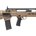 Tan modular assault rifle with a long top Picatinny rail, curved magazine, and black pistol grip.