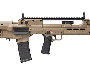 Tan modular assault rifle with a long top Picatinny rail, curved magazine, and black pistol grip.