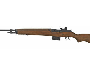 Bolt-action rifle with wooden stock and scope, photographed in profile against a white background, facing left.