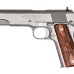 Side view of a .45 caliber 1911-A1 semi-automatic pistol with a brown checkered wooden grip, stainless steel finish.