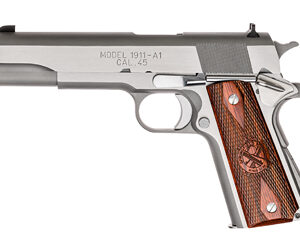 Side view of a .45 caliber 1911-A1 semi-automatic pistol with a brown checkered wooden grip, stainless steel finish.