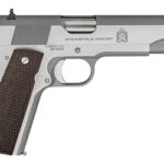 Side view of a stainless Springfield Armory 1911-style pistol with a brown checkered grip.