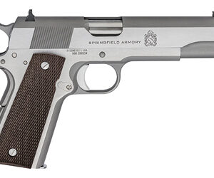 Side view of a stainless Springfield Armory 1911-style pistol with a brown checkered grip.