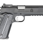 Side view of a Springfield Armory semi-automatic pistol with a textured metal grip and black slide.
