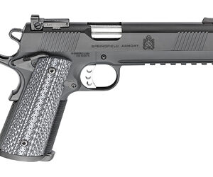 Side view of a Springfield Armory semi-automatic pistol with a textured metal grip and black slide.