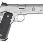 Silver 1911-style semi-automatic pistol with black textured grip and Springfield Armory branding.